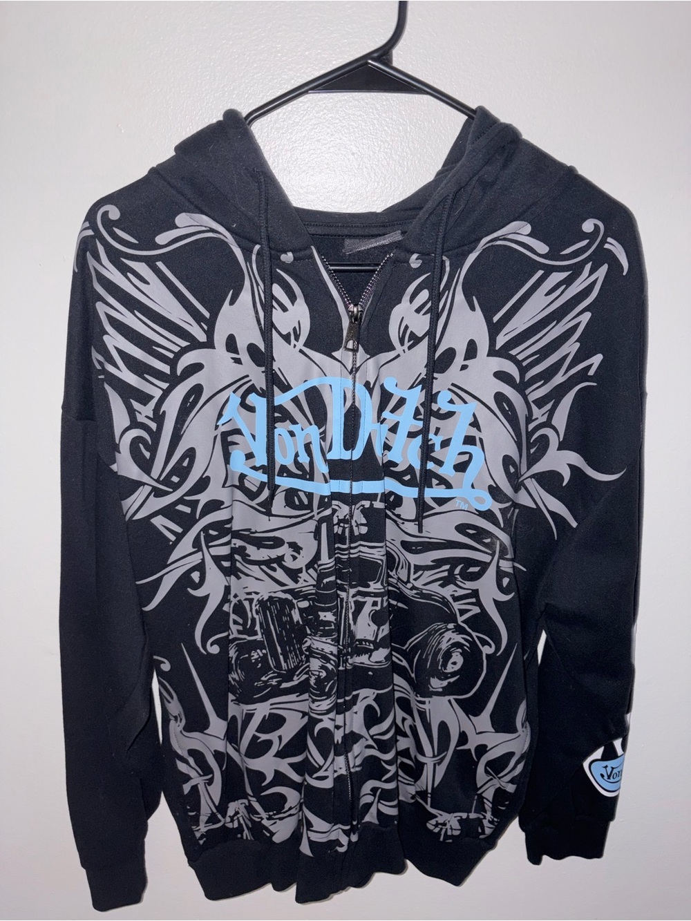 Black Graphic Zip-Up Hoodie with Light Blue Accents